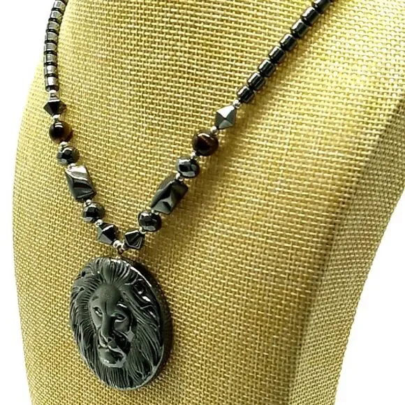 Men's/Unisex Hematite Beads & Lion's Head Pendant Necklace w/2 Cat's Eye Beads - Picture 6 of 14